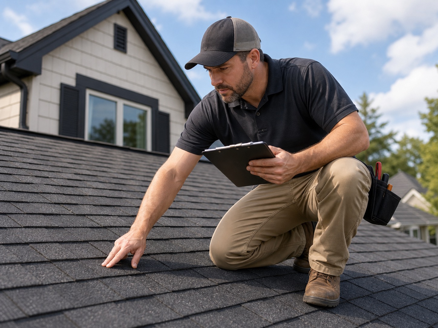 Roofer inspecting asphalt shingles on a suburban home
